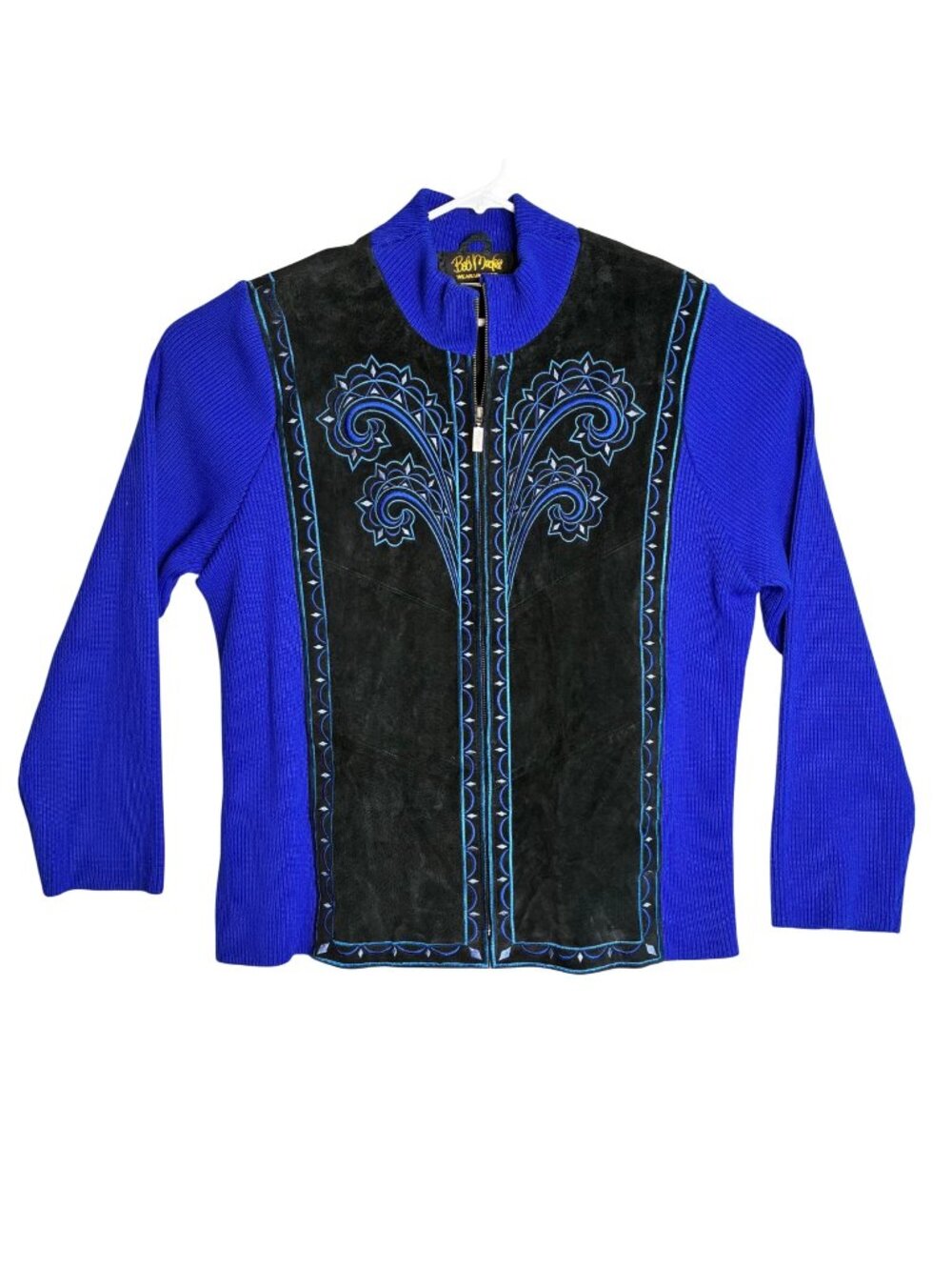 Bob Mackie Wearable Art Blue & Black Suede & Knit Embroidered Zip-Up Jacket XL